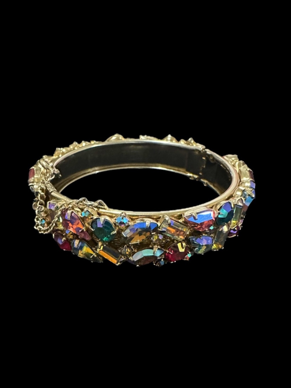 Vintage Gold Multicolored Crystal Hinged Bangle Bracelet